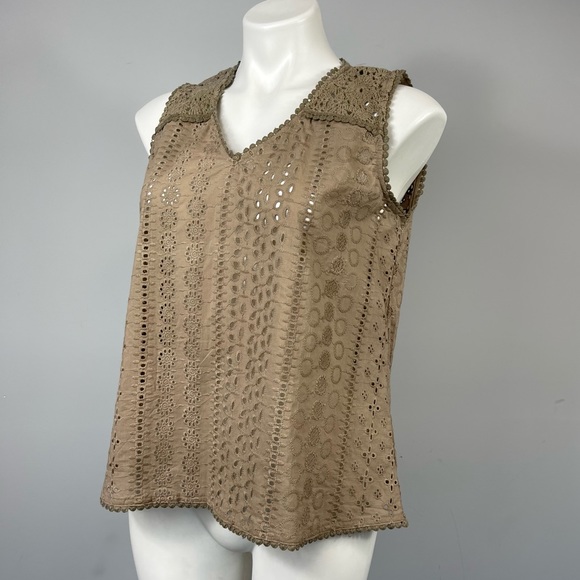 JOIE Tan Eyelet Crochet Sleeveless Blouse NWT S V-Neck Cotton Tank Top $98 - Picture 5 of 14